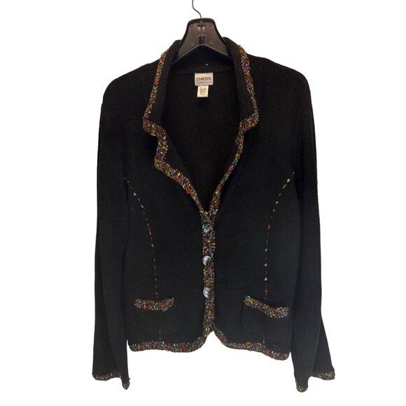 Chico's Black Knit Cardigan Jacket Size 2 Multicolor Trim Button Front Pockets - Picture 5 of 6